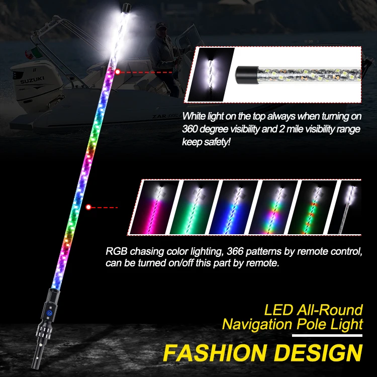 3/4/5/6 feet led whip for boat marine safety warning chasing RGB color changing by remote control
