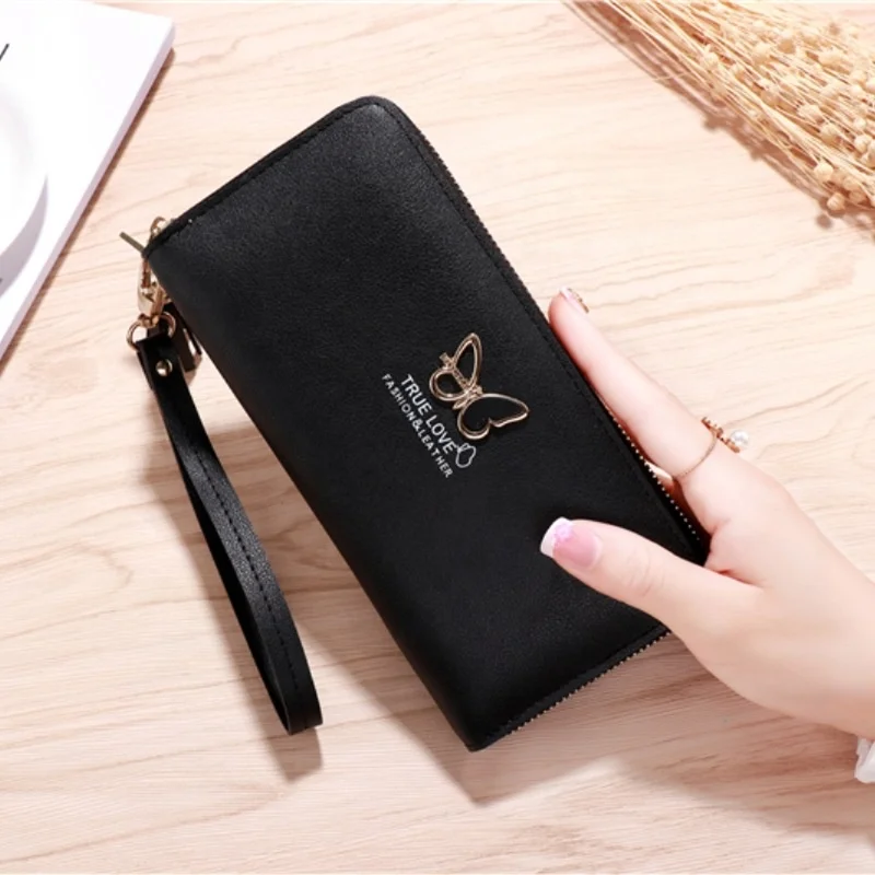 Pink PU Leather Trend Exquisite Butterfly Pattern Wallet Handle Long Money Pouch Card Holders Purse carteras para la playa