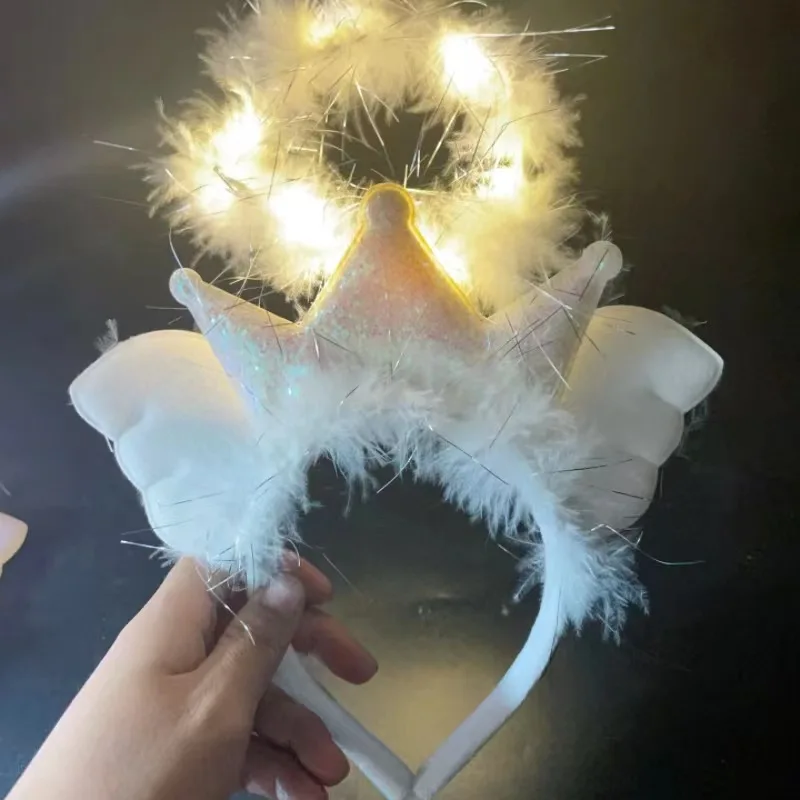 Glowing Crown Angel Wings Feather Headband Fairy Hair Bands LED Light Cosplay Birthday Graduation Wedding Bride Party Novelties
