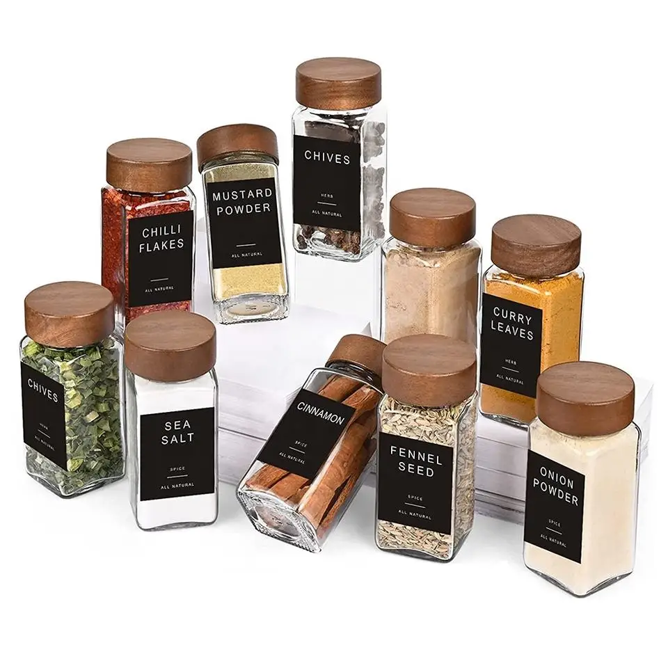 24pcs pack 4oz Glass Spice Jars Square Glass Bottles Round storage Spice Containers herb Jar with acacia wood Lid