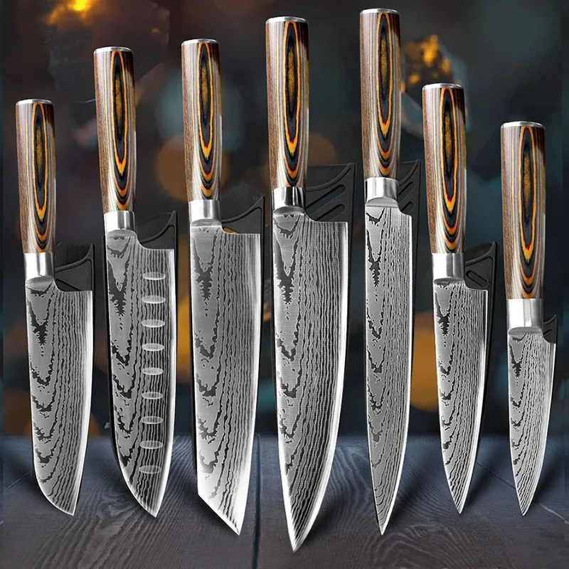 High carbon laser Damascus pattern stainless steel 5Cr15 MOV chef knife professional knives Japanese Damascus knife set