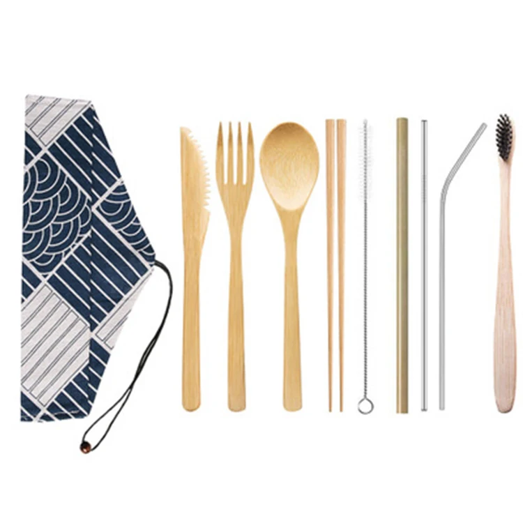 
2021 New Products Bamboo Toothbrush Straw Cutlery Set With Portable Pouch Bamboo Product Sets 