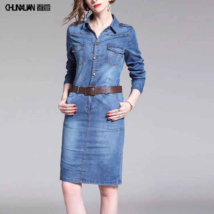 Fashionable ladies plain casual turn down collar denim dresses long sleeve rivet wrap hip pencil jeans dress woman