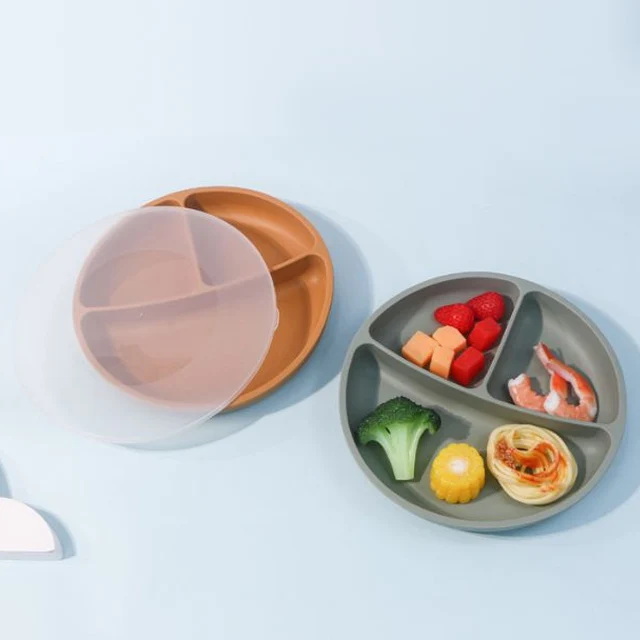 Bpa Free Large Sucker Tableware Round Children Toddler Divided Dining Plate Food Grade Silicone Baby Dinner Bowl Plate For Baby
