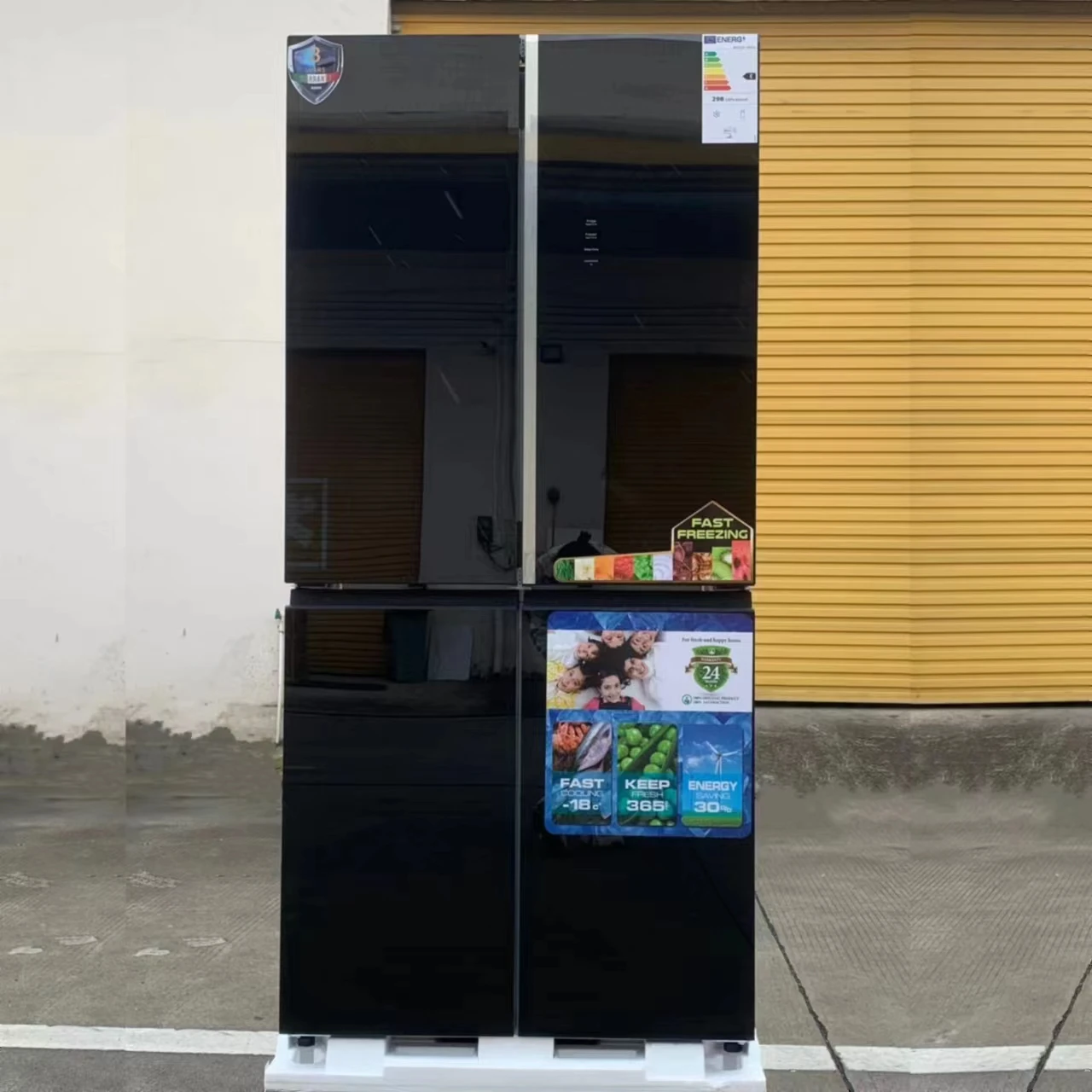 H 476L Large capacity 4-door fridges for home, Premium black glass panel refrigerator Luxury French doors