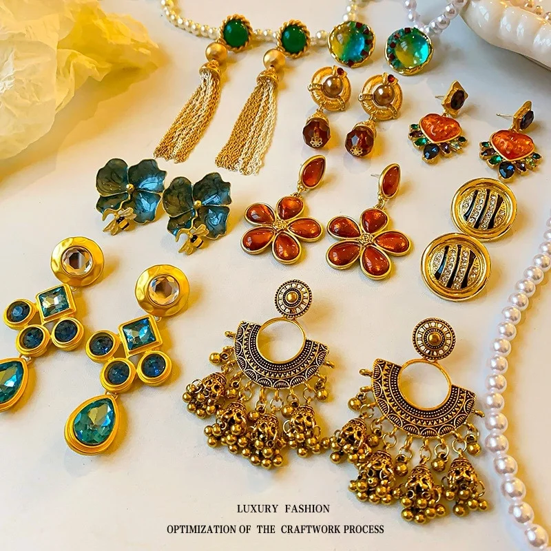 silver needle diamond Flower earrings Diamond set circle square drop earrings Round fan lantern bell fringe earrings