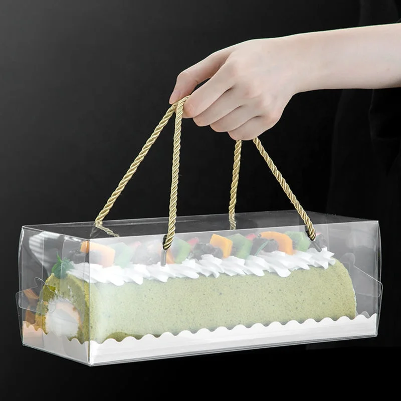 Wholesale Cake Shop Dessert Shop Portable With Handle Rectangular And Transparent Long Plastic Cake Container Box