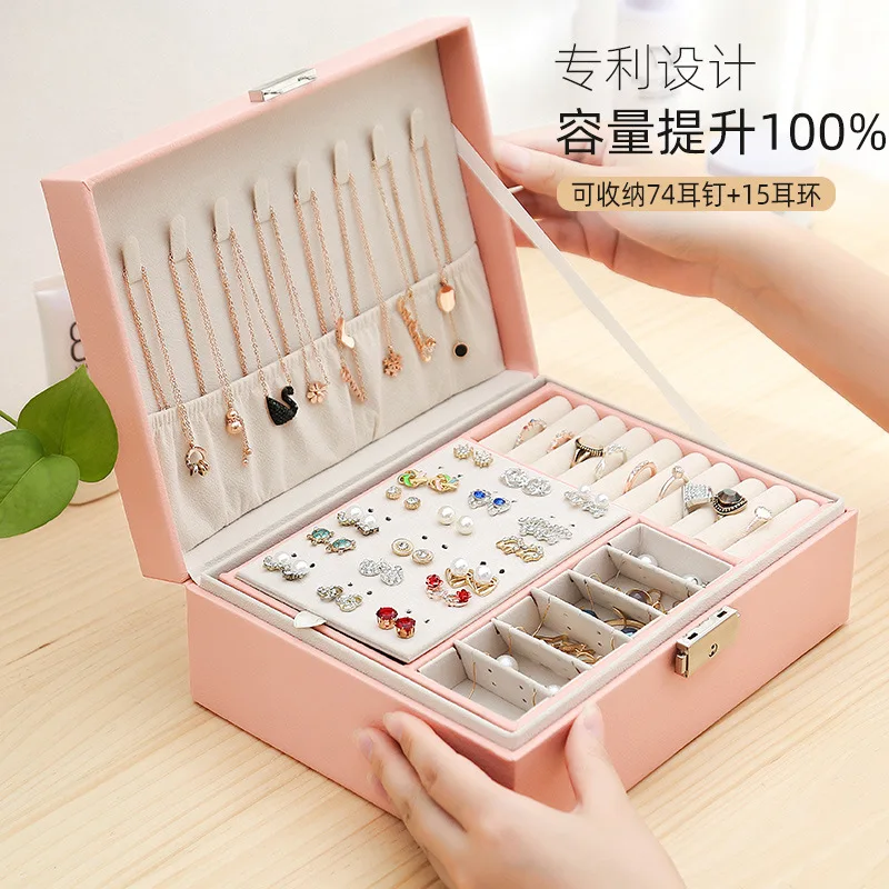 Popular 2 Drawer PU Leather Jewelry Set Case Multiple Color Earrings Rings Box With Pouch Key