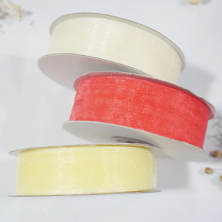 Custom Hologram Sheer Chiffon Silk White Pink Yellow Organza Ribbon For Wedding Bouquets Wrapping