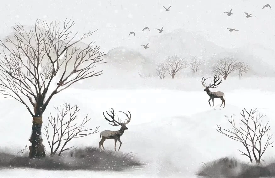 chrismas abstract snow elk forest bird tree design print big size custom up to 3*5m & 3.2*10m/piece high-end fabric wall mural