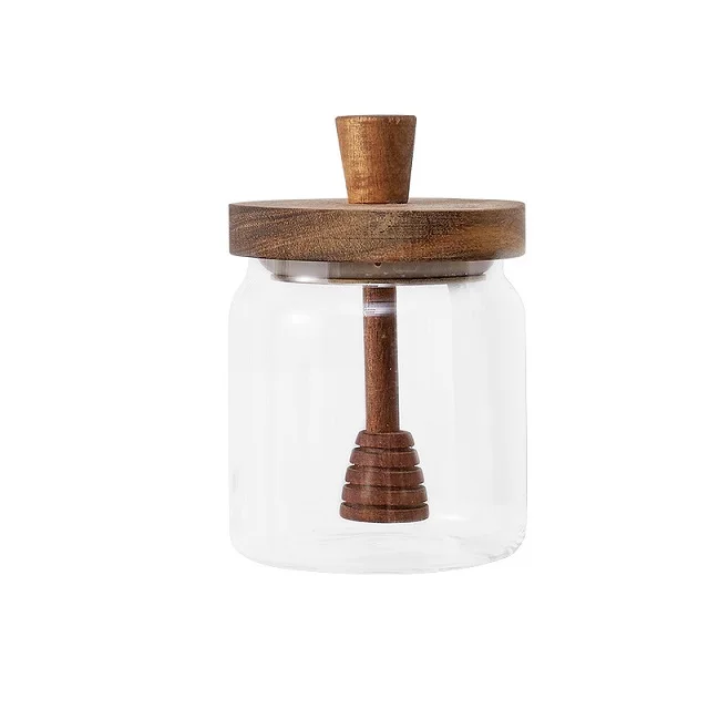 ODM With Wooden Bucket Rod For Kitchen Glass Container For Storing Honey Honey Jar With Wooden Lid Sealed Honey Jar