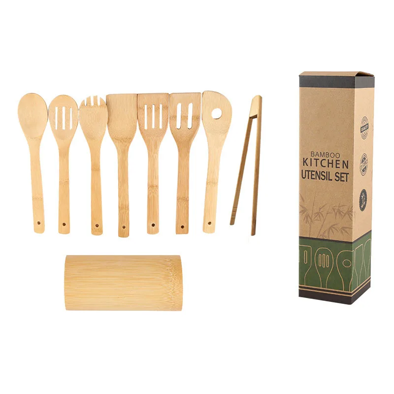 Bamboo kitchen cooking utensils set with bamboo holder