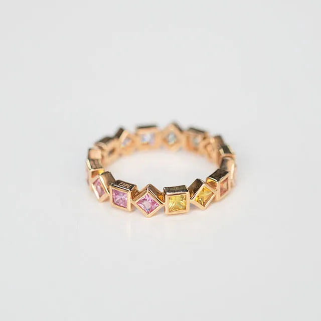 Natural Pave Colorful Sapphire Band Rings Eternity Geometric Shape Ring In 14k 18k 24k Rose Gold
