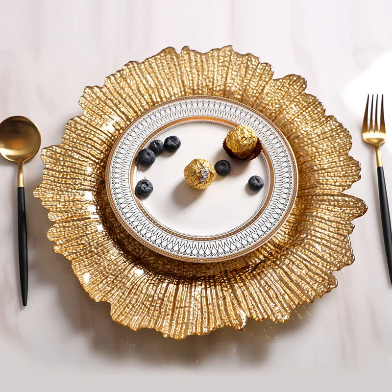 Wholesale Hot Sale Elegant Glass Charger Plate with Gold Rim Wedding Chargers