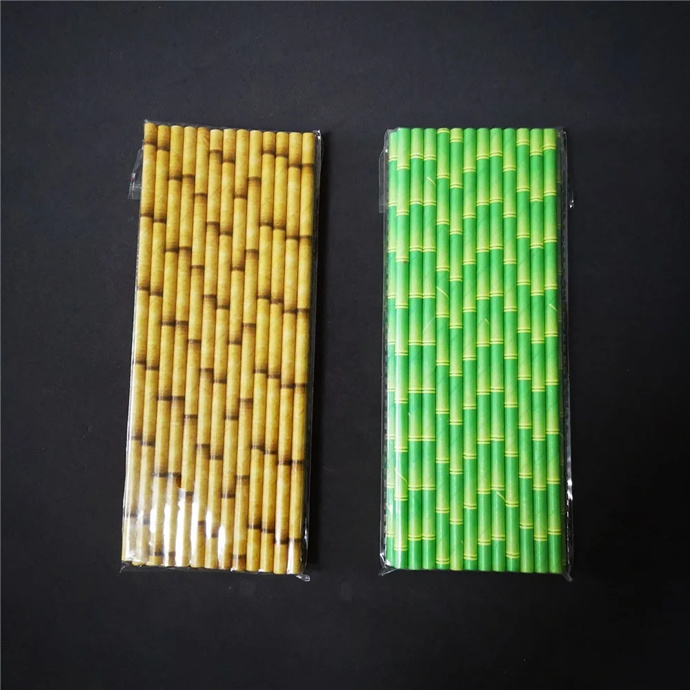 
Biodegradable Paper Straws Green Tan Bamboo Printed Paper Drinking Straws for Juices Shakes Party Supplies 