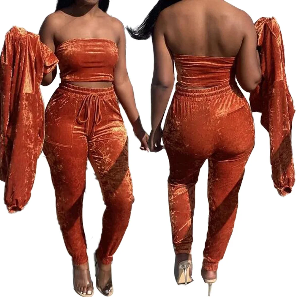 Women Clothes Sexy Cardigan And Long Pants 3 Piece Set Velvet Hoodies Sweatsuit Jogging Suits Winter Outfits For Women