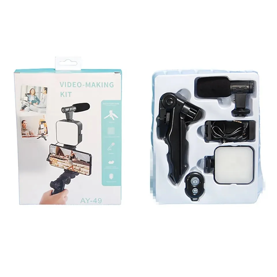 Factory Wholesale Selfie Stick 360 Rotation with Light Microphone Tripod Stand ay 49 Video Making Kit