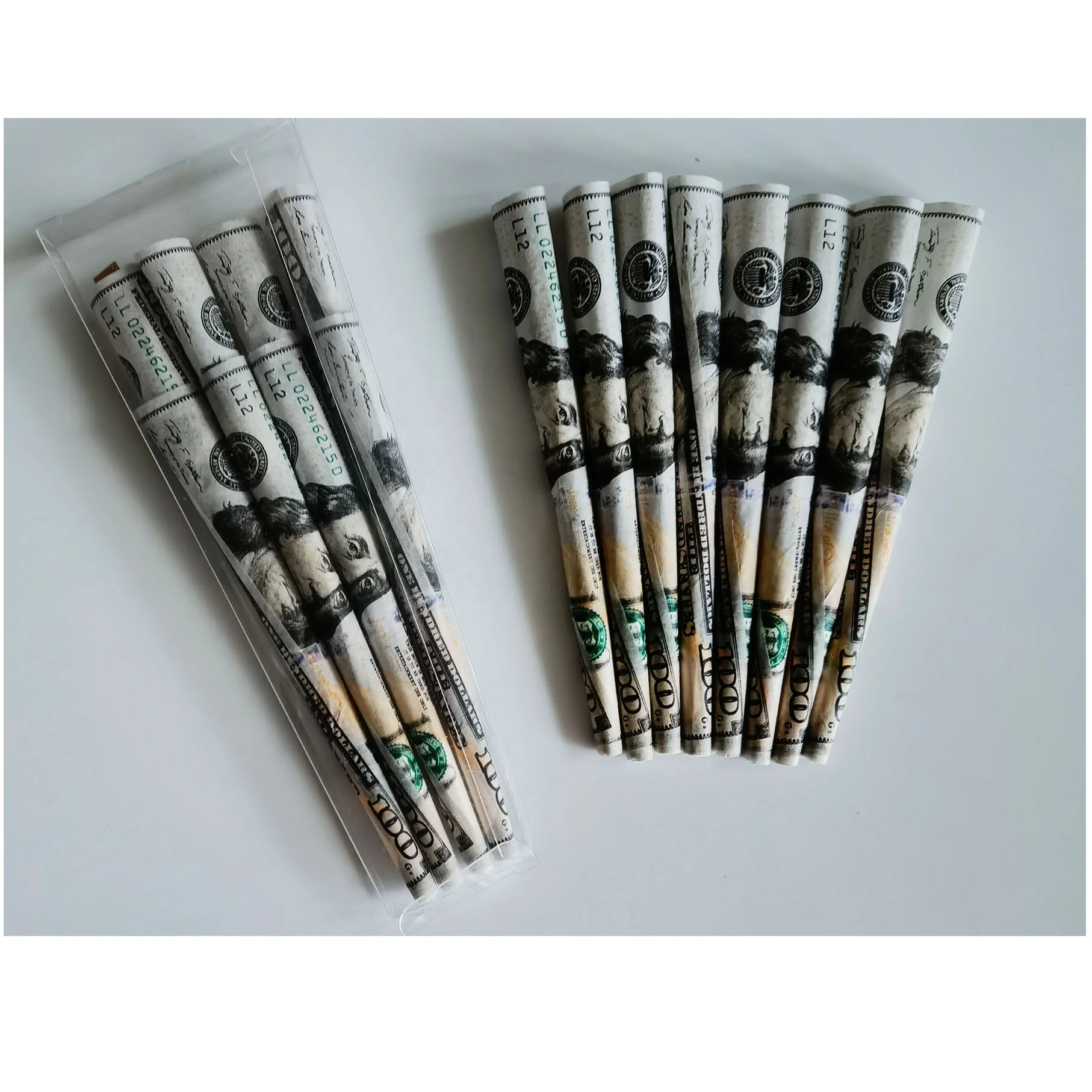 
Unique $100 dollar design Pre-Rolled Cones of king size 109x26mm - 800 Cones Per Box 