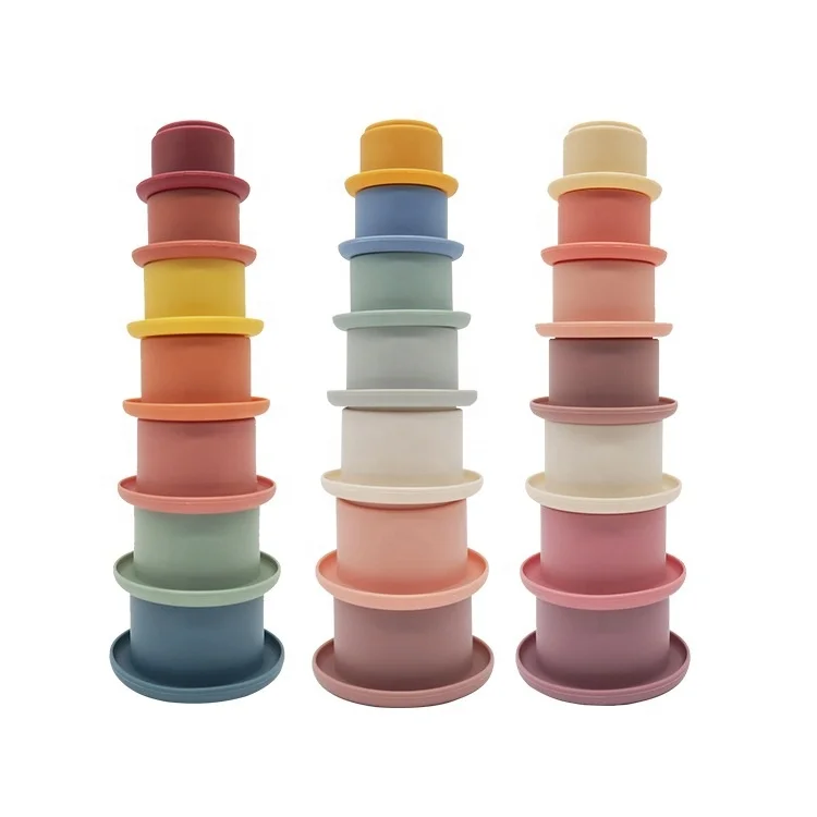 Round Sensory Building Stacker Cups Toddlers Teething Educational Toy Silicone Teether Stacking Silicon Baby Toy For Kids