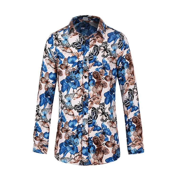 Men Long Sleeve Flower Printing Casual Hawaiian Shirts