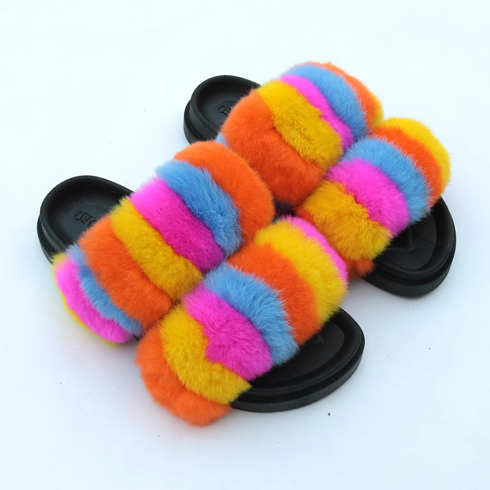 2020 New  pvc slides ladies raccoon fur slippers women soft real raccoon fur slides