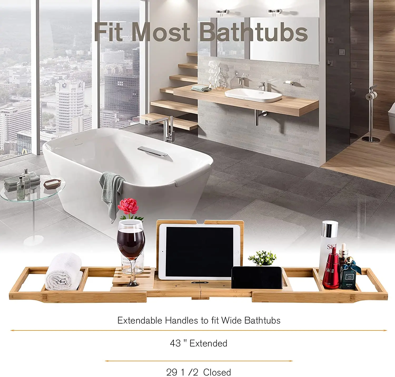 Wholesale Foldable Expandable Bamboo Bath Caddy Tray for Bathtub