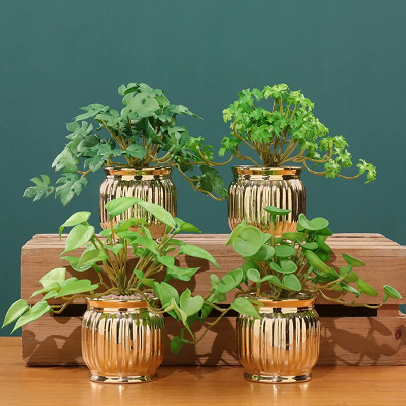 Golden green dill artificial metal flower bonsai ornaments home decoration living room green plants fake flower potted plants
