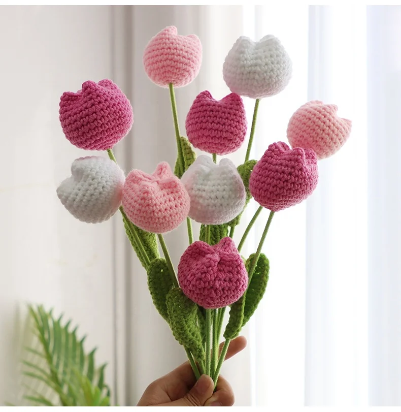 Fake Tulips Artificial Flowers Handmade Knitted Tulip Bouquet Crochet Flower Bouquet Table Centerpieces Gift for Women