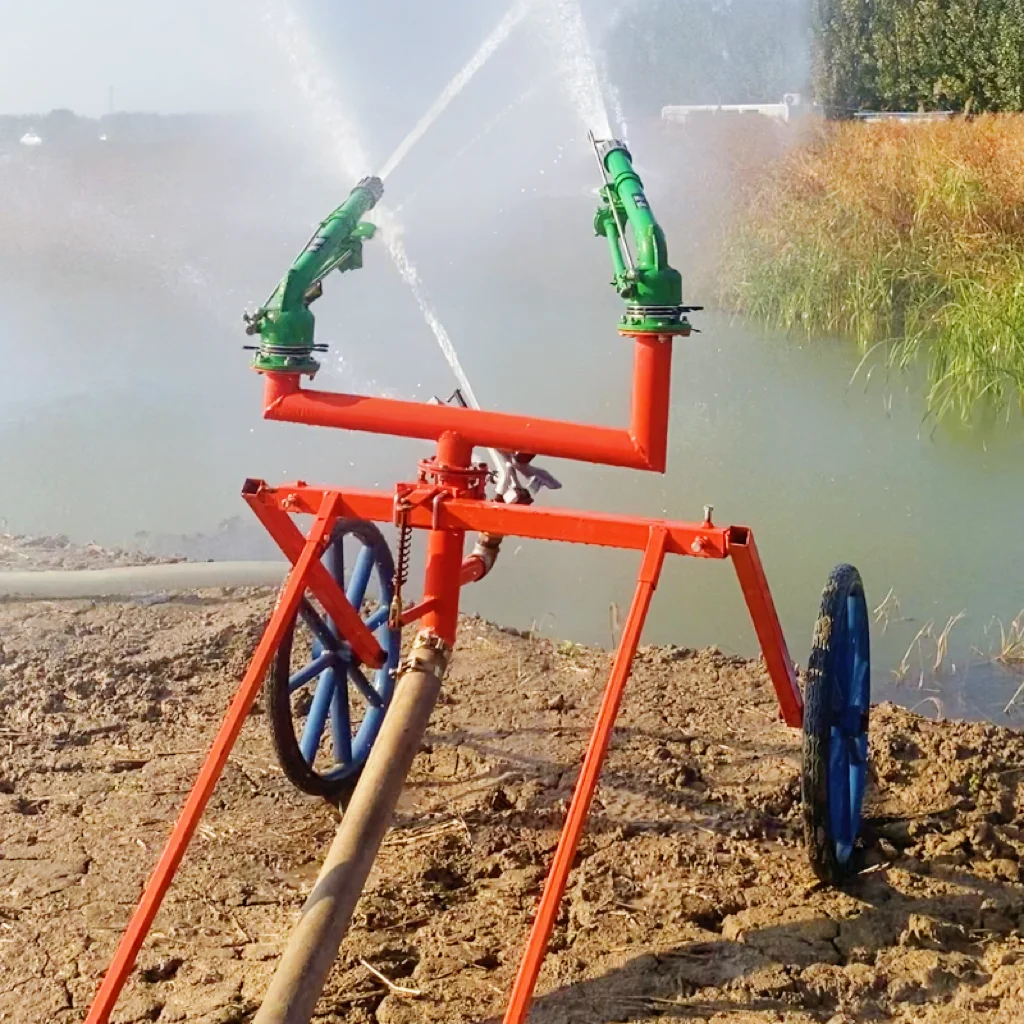 Low price rain gunner cart, movable rotating sprinkler with wheel irrigation nozzle, fully covered large area watering spray gun