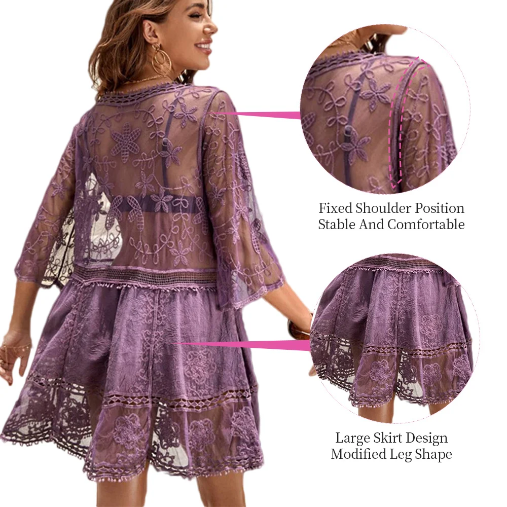 Chiffon Solid Color Lace Embroidered Loose Beach Cover Up Lace Half Sleeve V-Neck Holiday Bikini Cover Up Beach Dress
