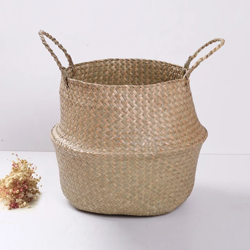 
Woven Boho Seagrass Belly Rattan Baskets with Handles for Storage Laundry Planter basket Pot for home decor 