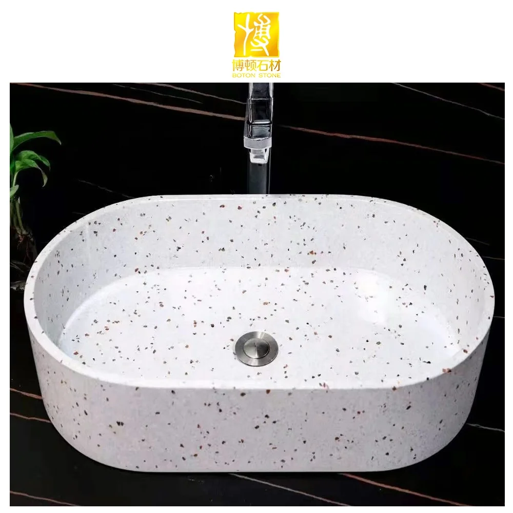 BOTON STONE Square Artificial Marble Basin Stone Bathroom Countertop Round White Bath Sink Bathroom Basin Terrazzo