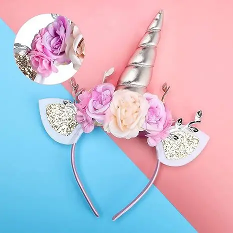 Unicorn Headband, Rainbow Glitter Horn Headband Cat Ear Head Bands Flowers Headwear Accessory for Unicorn Party Supplies