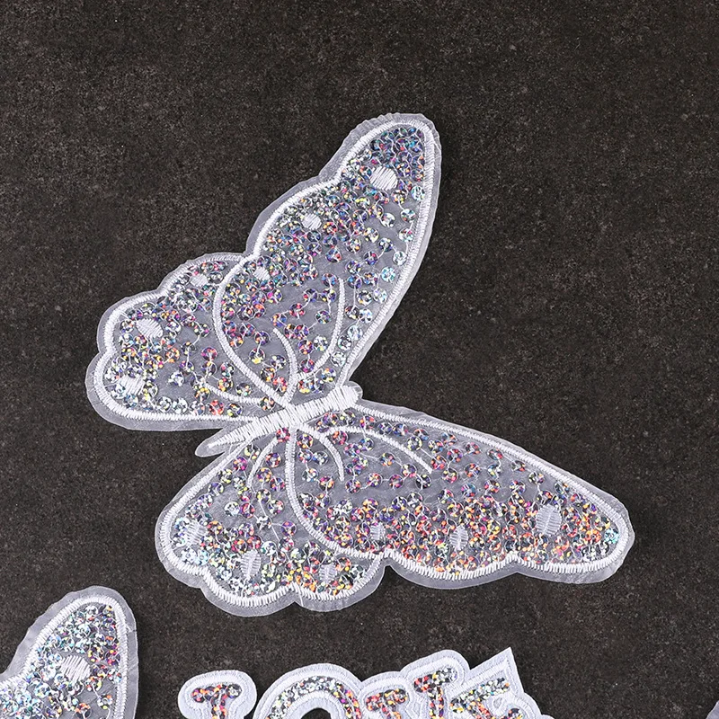 Clothing accessories sequins embroidered butterfly cloth, white transparent cloth patch, butterfly letter cloth label