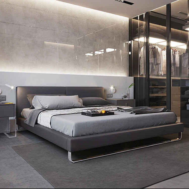 Factory custom new post-modern Italian light luxury bed leather main bed modern simple leather king size bed frame