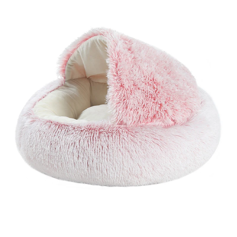 Donut Soft Plush Burrowing Cave Hooded Cat Bed Faux Fur Cuddler Round Comfortable Self Warming Indoor Sleeping Bed