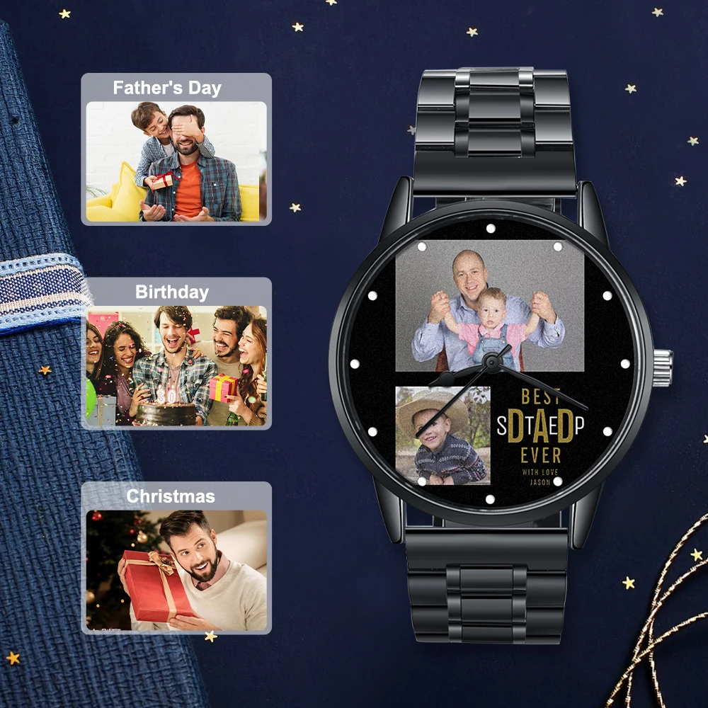 Часы мужские черные с фото на заказ, ширина браслета 21 мм