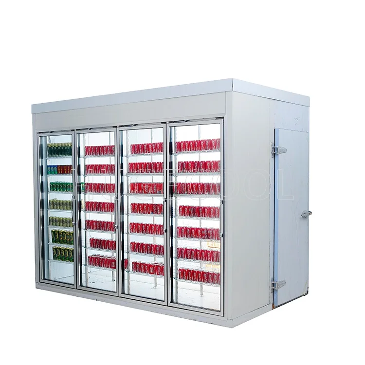 Customized supermarket display cold room/commercial walk- in cooler with glass doors(3,4,5,6,7,8 doors etc.)