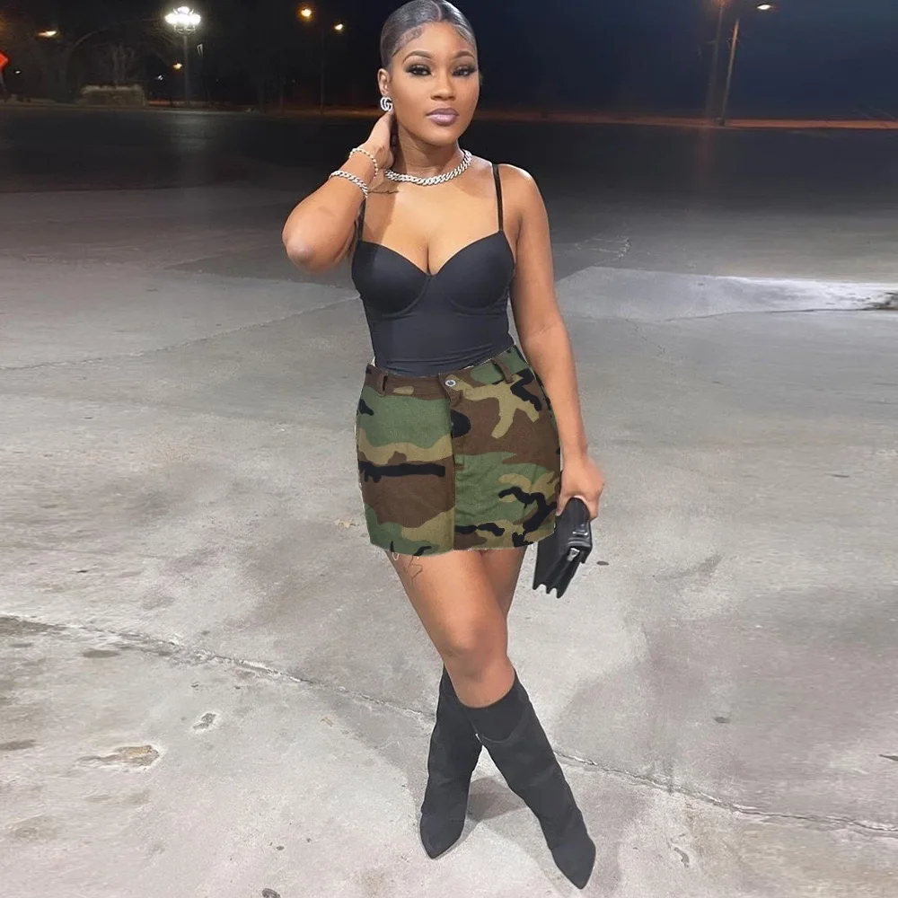 Camouflage Tassel Pockets Zipper Skirts Women 2023 New Summer Mini Skirts Khaki Cargo Sexy High Waist Streetwear Dress Skirts