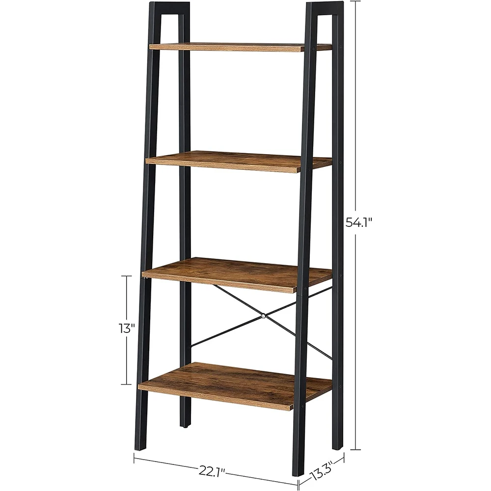 Wood Black 4-Tier Bookshelf Storage Rack Bookcase Ladder Shelf with Steel Frame