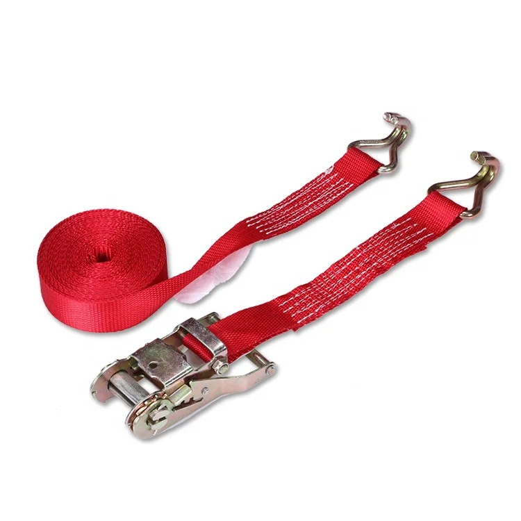 Red 28mm 1500daN Cargo Lashing Belt Polyester Ratchet Tie Down Strap with Double J Hooks