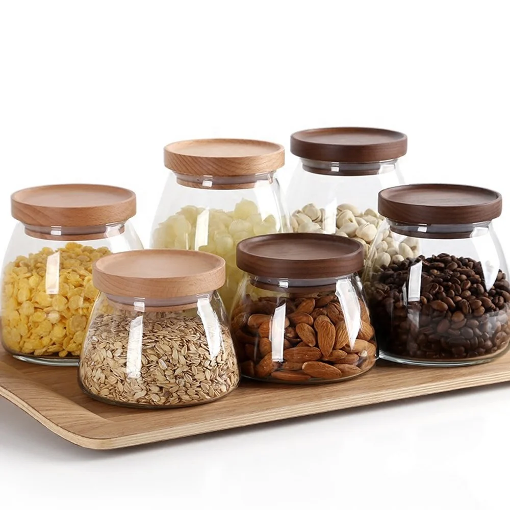 Newer lives Air Tight Storage Jar Home Usage Clear ECO-friendly Glass Storage Jars with Wood  Lid