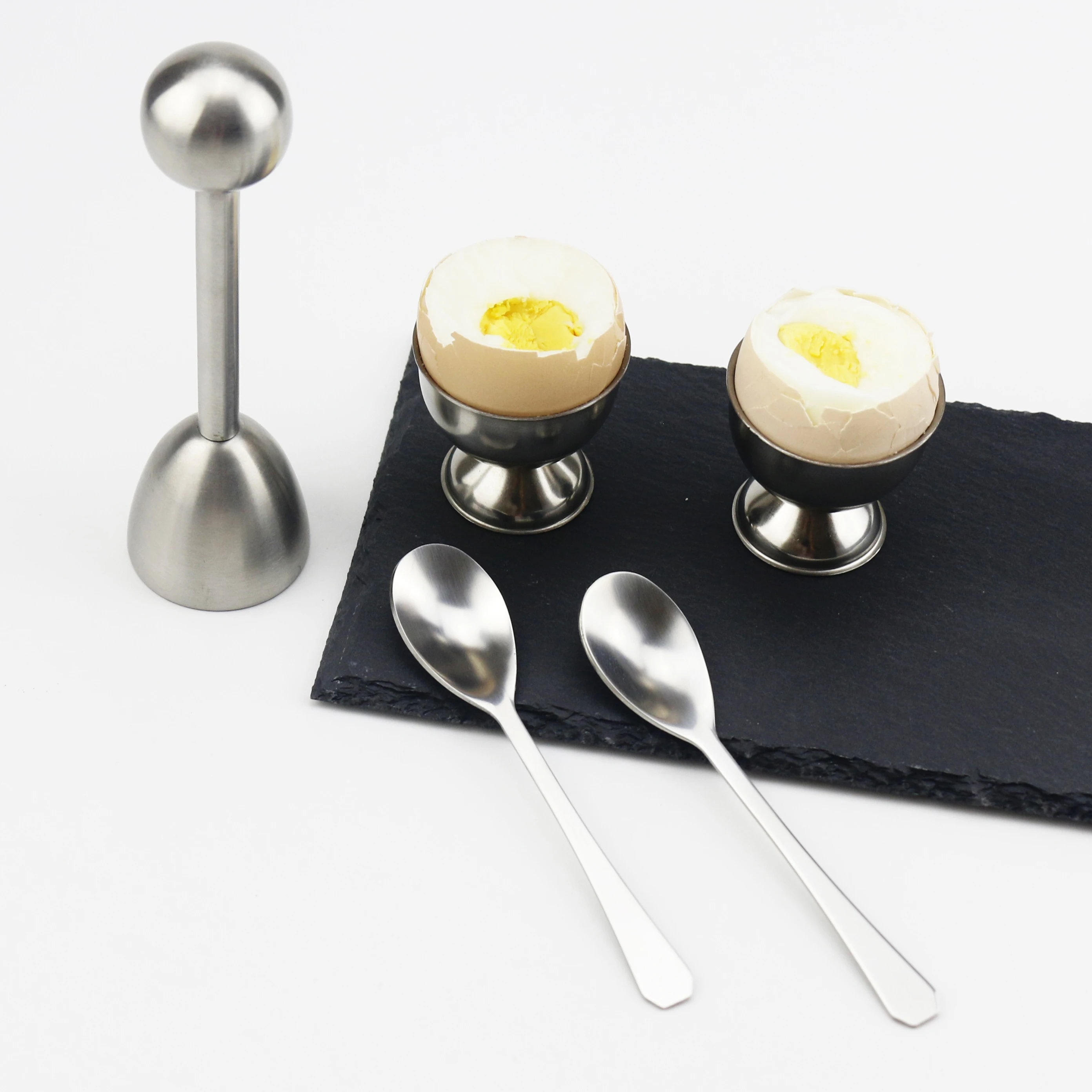 Egg Cracker Topper Set of 5 - Includes 2 Egg Cups, 2 Spoons and 1 Cutter - Stainless Steel Easy Egg Opener