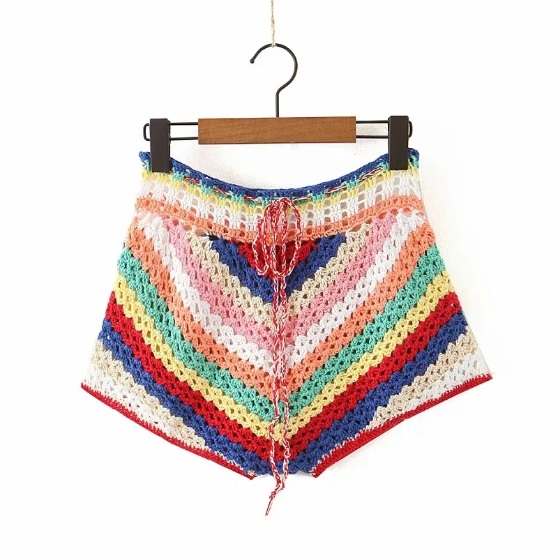 Factory Summer women colorful striped sexy crop top two piece set lace up hand crochet knit top cotton knit shorts suit