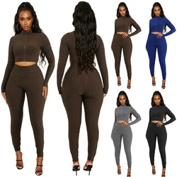 2021 Autumn New Women Fashion Casual Fitness Solid Color Pineapple Grid Workout Sports Suit Women Yoga Set