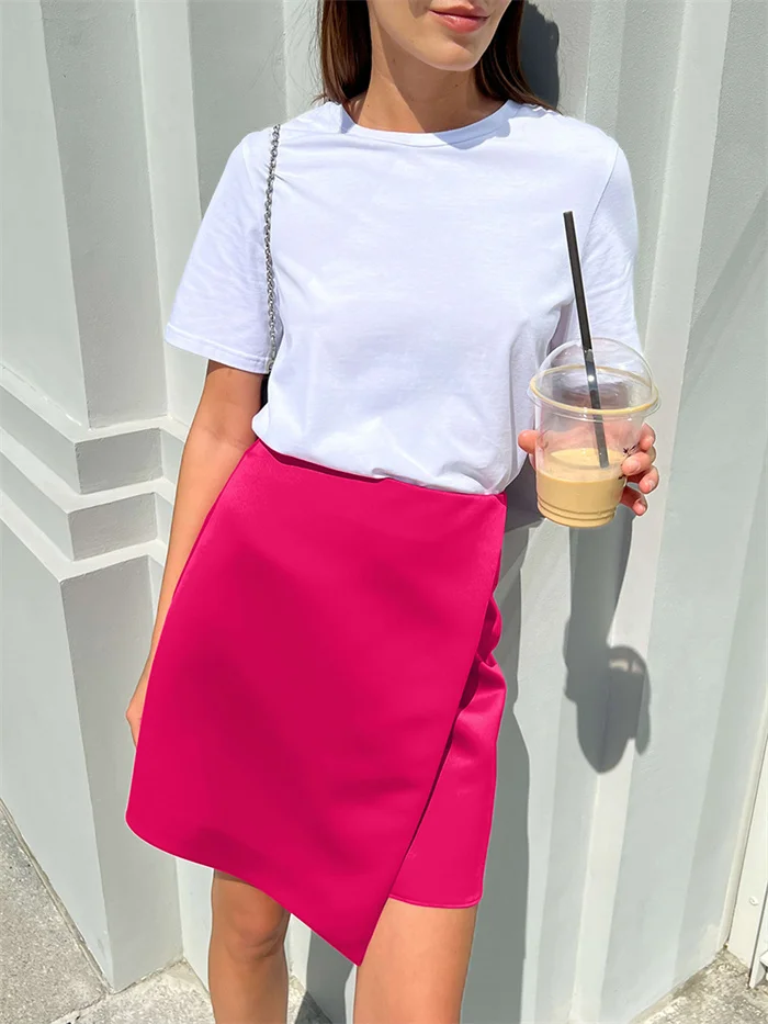 Solid Streetwear Fashion Satin Skirt Pink Women Summer Asymmetrical Mini Skirts Office Black High Waist Skirts