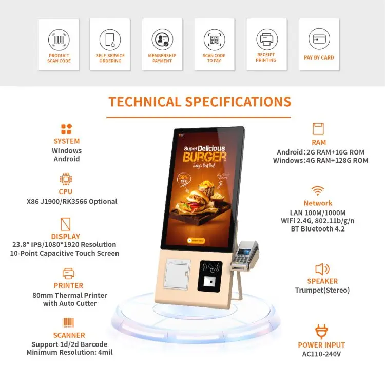 Retail 23.8 Inch Desktop Indoor Windows Touch Screen Auto Checkout Restaurant Ordering System Self Service Kiosk