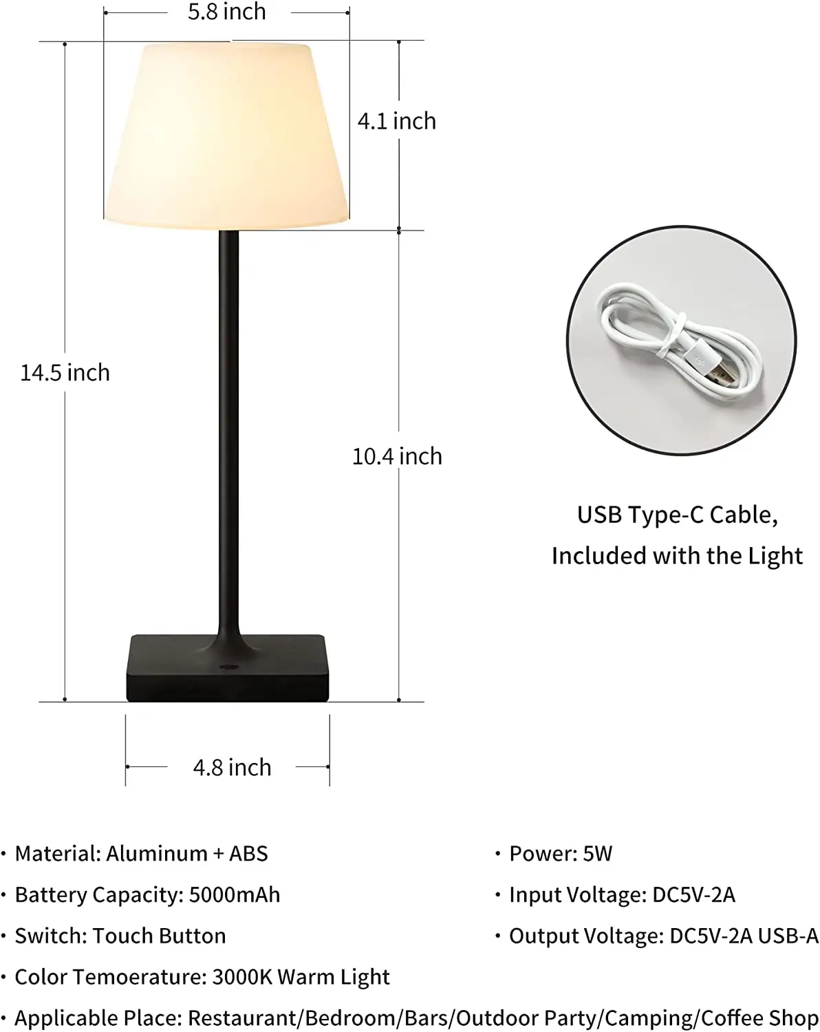 Cordless Portable Table Lamp Rechargeable Dimming LED Desk Lamp Waterproof Modern Night Light for Camping Restaurant Bedroom