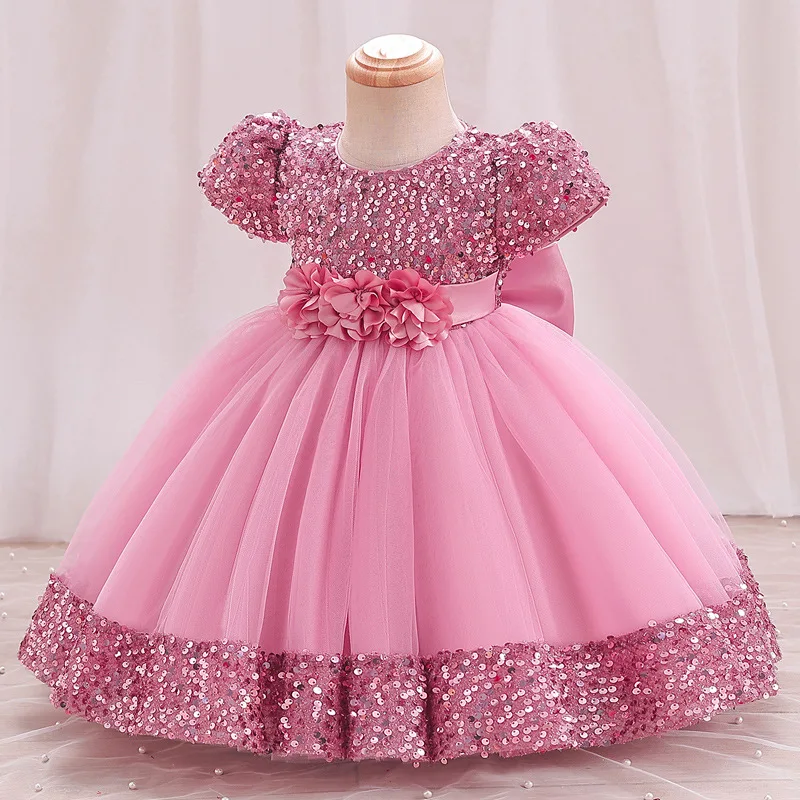 Ms-326 Baby Net Frock Designs Party Wear Birthday Kids Sequin Dress Girls Flower Bow Mesh Net Evening Princess Gown for Kids