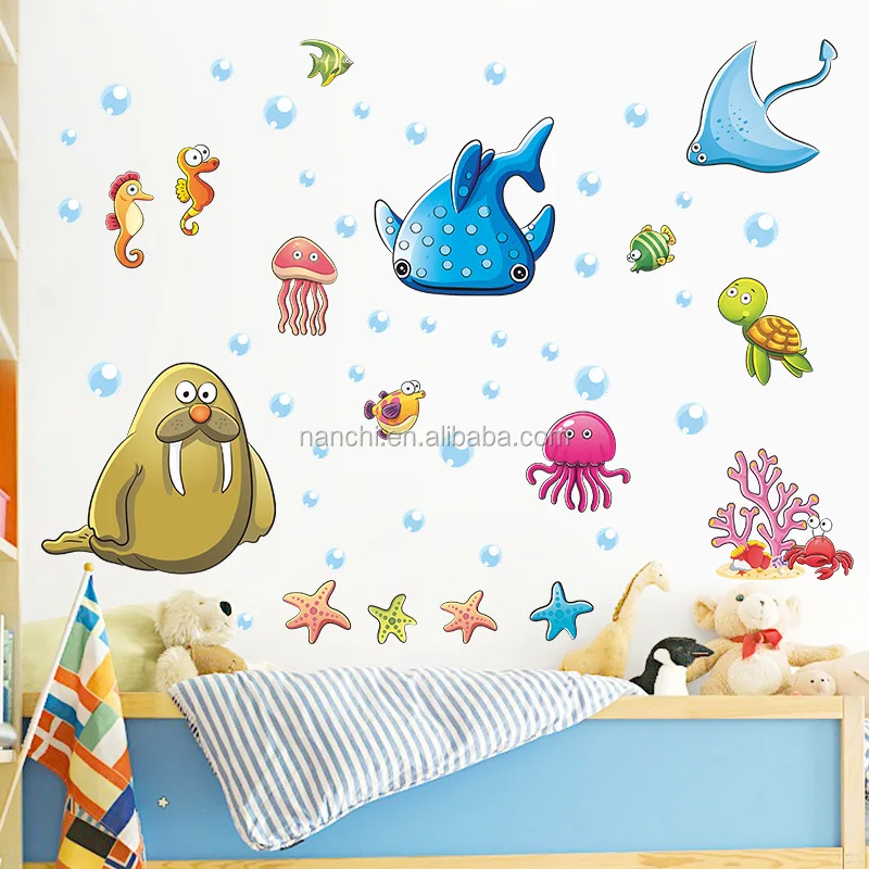 3D cartoon dolphin wallpapers for kids Blue ocean wallpaper sea decoration interior murals kindergarten kid wall mural stickers